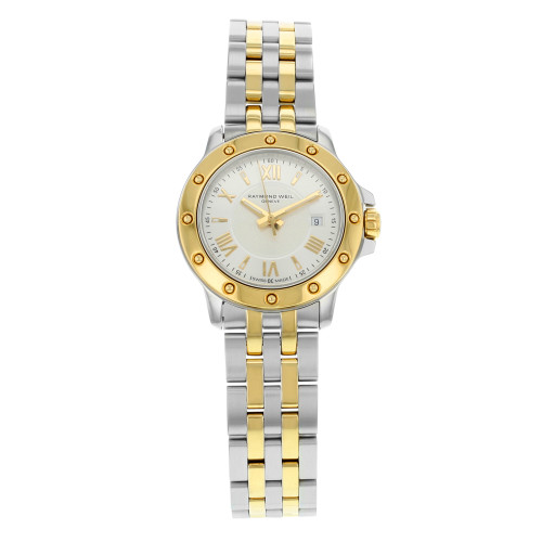 An image of a Wristwatch by RAYMOND WEIL. This Pre Owned item is designed for Women, featuring a Dress/Formal style. It has a Quartz movement and an Analog display with a Silver dial color. The indices include 12-Hour Dial,Roman Numerals,Stick Indexes. The band is made of Stainless Steel and the case is made of Stainless Steel. The watch has a Round shape with a case size of 28 mm and a case thickness of 7 mm.