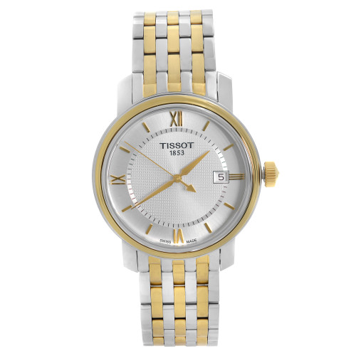 An image of a Wristwatch by Tissot. This Display Model item is designed for Men, featuring a Casual,Dress/Formal style. It has a Quartz movement and an Analog display with a Silver dial color. The indices include 12-Hour Dial,Non-Numeric Hour Marks,Roman Numerals,Stick Indexes. The band is made of Stainless Steel and the case is made of Stainless Steel. The watch has a Round shape with a case size of 40 mm and a case thickness of 9 mm.