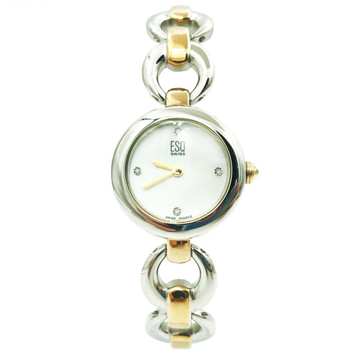 An image of a Wristwatch by ESQ. This Pre Owned item is designed for Women, featuring a Dress/Formal style. It has a Quartz movement and an Analog display with a White dial color. The indices include Non-Numeric Hour Marks. The band is made of Stainless Steel and the case is made of Stainless Steel. The watch has a Round shape with a case size of 22 mm and a case thickness of 7 mm.