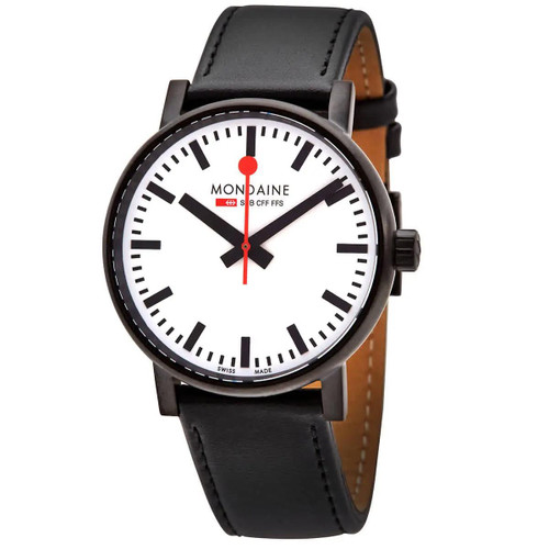 An image of a Wristwatch by Mondaine. This Display Model item is designed for Men, featuring a Casual style. It has a Quartz movement and an nan display with a White dial color. The indices include 12-Hour Dial,Stick Indexes. The band is made of Leather and the case is made of Stainless Steel. The watch has a Round shape with a case size of 40 mm and a case thickness of 10 mm.
