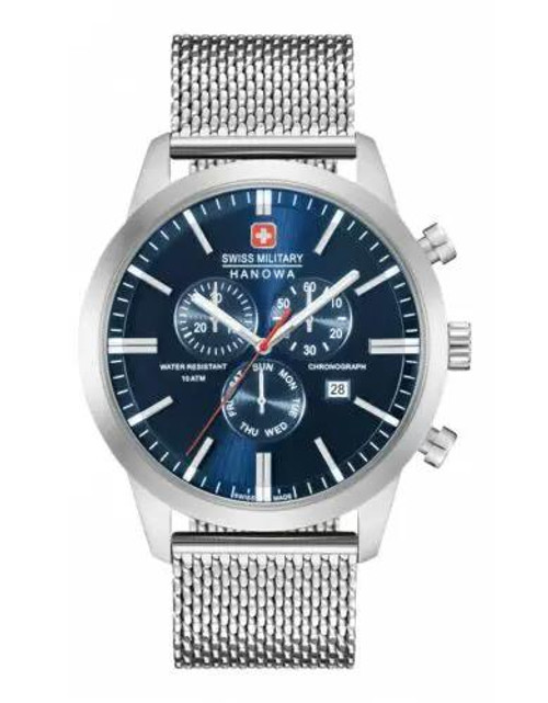 An image of a Wristwatch by Swiss Military Hanowa. This Display Model item is designed for Men, featuring a Dress/Formal style. It has a Quartz movement and an Analog display with a Blue dial color. The indices include 12-Hour Dial,Seconds Hand,Stick Indexes. The band is made of Stainless Steel and the case is made of Stainless Steel. The watch has a Round shape with a case size of 44 mm and a case thickness of 11 mm.
