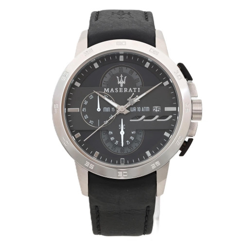 An image of a Wristwatch by Maserati. This Unworn item is designed for Men, featuring a Dress/Formal style. It has a Quartz movement and an Analog display with a Black dial color. The indices include 12-Hour Dial,Baton Indexes. The band is made of Leather and the case is made of Stainless Steel. The watch has a Round shape with a case size of 45 mm and a case thickness of 13 mm.