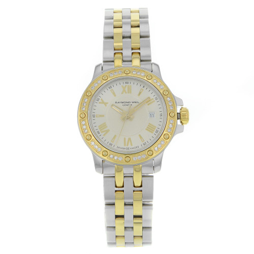 An image of a Wristwatch by RAYMOND WEIL. This Pre Owned item is designed for Women, featuring a Dress/Formal style. It has a Quartz movement and an Analog display with a Silver dial color. The indices include Roman Numerals. The band is made of Stainless Steel and the case is made of Stainless Steel. The watch has a Round shape with a case size of 28 mm and a case thickness of 7 mm.