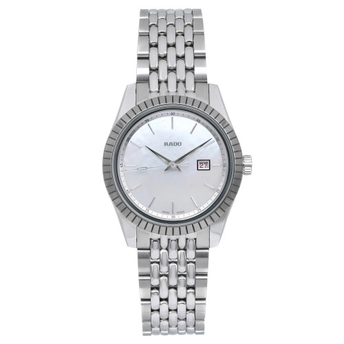 An image of an unworn Rado women's wristwatch in excellent condition, presented in a full frontal view. The watch features a round stainless steel case with a stainless steel bezel, a mother of pearl dial with stick indexes, and a 12-hour dial display with a date function at 3 o'clock. The stainless steel band complements the dress/formal style of the watch. The image is taken at a close distance, ensuring the watch fills the frame for a detailed view.