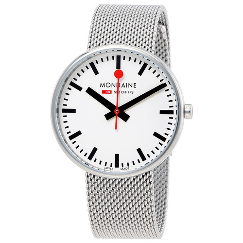 An image of a Wristwatch by Mondaine. This Display Model item is designed for Women, featuring a Classic,Dress/Formal style. It has a Quartz movement and an Analog display with a White dial color. The indices include 12-Hour Dial,Non-Numeric Hour Marks,Stick Indexes. The band is made of Stainless Steel and the case is made of Stainless Steel. The watch has a Round shape with a case size of 35 mm and a case thickness of 10 mm.