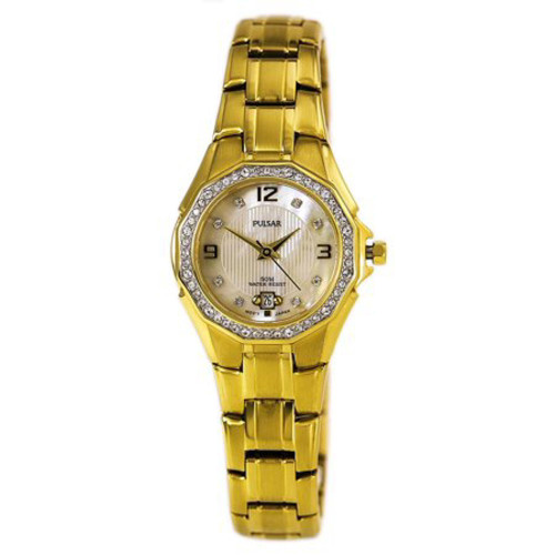 An image of a Wristwatch by Pulsar. This Pre Owned item is designed for Women, featuring a Casual,Dress/Formal style. It has a Quartz movement and an Analog display with a Silver,Mother of Pearl dial color. The indices include 12-Hour Dial,Arabic Numerals,Non-Numeric Hour Marks. The band is made of Gold Plated,Stainless Steel and the case is made of Gold Plated,Stainless Steel. The watch has a Round shape with a case size of 27 mm and a case thickness of 8 mm.