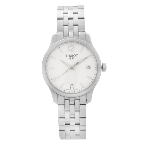 An image of a Wristwatch by Tissot. This Display Model item is designed for Women, featuring a Classic style. It has a Quartz movement and an Analog display with a Silver dial color. The indices include 12-Hour Dial,Arabic Numerals,Stick Indexes. The band is made of Stainless Steel and the case is made of Stainless Steel. The watch has a Round shape with a case size of 33 mm and a case thickness of 7 mm.