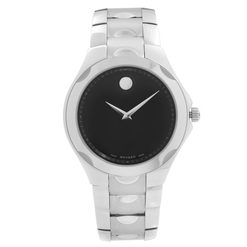 An image of an unworn Movado men's wristwatch in a dress/formal style, shown in a full frontal view. The watch features a round stainless steel case and a matching stainless steel band. It has a black dial with no hour marks and a steel bezel. The watch hands are visible and the iconic Movado dot is at the 12 o'clock position. The image is taken from a front-facing angle, displaying the watch head-on at a medium distance, with the entire watch in focus.