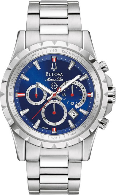 An image of a Wristwatch by Bulova. This Pre Owned item is designed for Men, featuring a Casual style. It has a Quartz movement and an Analog display with a Blue dial color. The indices include 12-Hour Dial,Stick Indexes. The band is made of Stainless Steel and the case is made of Stainless Steel. The watch has a Round shape with a case size of 42 mm and a case thickness of 12 mm.