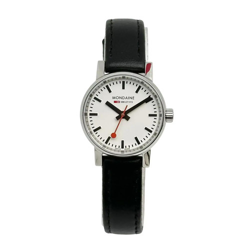 An image of a Wristwatch by Mondaine. This Display Model item is designed for Women, featuring a Casual style. It has a Quartz movement and an Analog display with a White dial color. The indices include 12-Hour Dial,Non-Numeric Hour Marks,Stick Indexes. The band is made of Leather and the case is made of Stainless Steel. The watch has a Round shape with a case size of 26 mm and a case thickness of 7 mm.