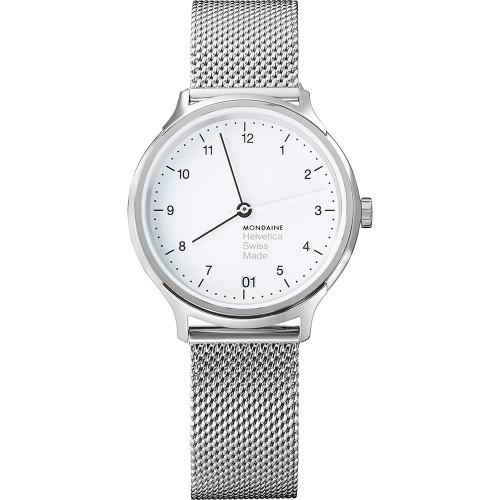 An image of a Wristwatch by Mondaine. This Display Model item is designed for Women, featuring a Classic,Dress/Formal style. It has a Quartz movement and an Analog display with a White dial color. The indices include 12-Hour Dial,Arabic Numerals. The band is made of Stainless Steel and the case is made of Stainless Steel. The watch has a Round shape with a case size of 33 mm and a case thickness of 7 mm.