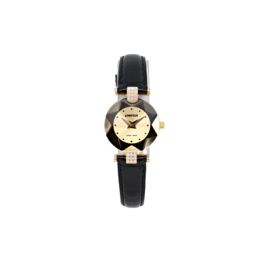 An image of a pre-owned JOWISSA women's wristwatch captured from a straight-on angle. The watch face is centered in the frame, showcasing its gold-toned dial with minimalistic hour markers and hands. It features a black leather strap and decorative elements at the lugs with crystal embellishments. The watch is positioned against a plain white background, highlighting its elegant design.