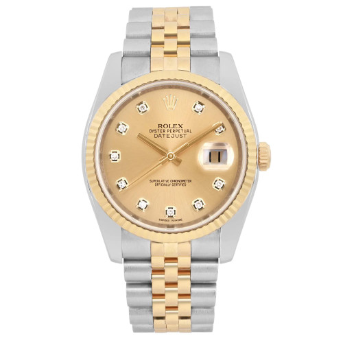 An image of a pre-owned men's Rolex Datejust 36mm 18K Yellow Gold Steel Champagne Diamond Watch 116233 taken from a straight-on angle at a close distance. The watch features a two-tone metal band with alternating gold and stainless steel links. It has a gold dial adorned with diamond hour markers and a date indicator at the 3 o'clock position. The fluted bezel is gold, complementing the gold crown on the side. The brand's logo and model name are visible on the dial.