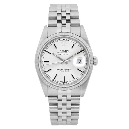 An image of a pre-owned men's Rolex Datejust 36mm No holes Steel Silver Dial Automatic Mens Watch 16234, viewed from a straight-on angle at a close distance. The watch features a silver dial with a date indicator at the 3 o'clock position and luminous hands. The stainless steel bracelet and case are clearly visible, emphasizing its classic design. Excellent Condition. Fits 7 inches wrist. Original Box and Papers are not included comes with a Chronostore presentation box and authenticity card. Covered by a one-year Chronostore warranty.

