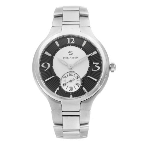 An image of a Wristwatch by Philip Stein. This Pre Owned item is designed for Men, featuring a Casual style. It has a Quartz movement and an Analog display with a Black/Silver dial color. The indices include Sticks & Numerals. The band is made of Stainless Steel and the case is made of Stainless Steel. The watch has a Round shape with a case size of 42 mm and a case thickness of 9 mm.