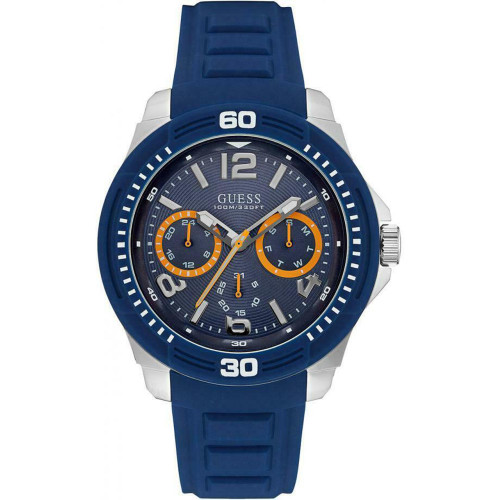 An image of a Wristwatch by GUESS. This Display Model item is designed for Men, featuring a Casual style. It has a Quartz movement and an Analog display with a Blue dial color. The indices include 12-Hour Dial,Arabic Numerals,Multi Dial,Stick Indexes. The band is made of Silicone and the case is made of Stainless Steel. The watch has a Round shape with a case size of 46 mm and a case thickness of 14 mm.