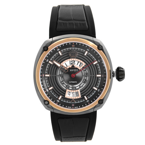 An image of a Wristwatch by Savoy. This Pre Owned item is designed for Men, featuring a Dress/Formal style. It has a Mechanical (Automatic) movement and an Analog display with a Black dial color. The indices include 12-Hour Dial,Stick Indexes. The band is made of Rubber and the case is made of Stainless Steel. The watch has a Round shape with a case size of 44 mm and a case thickness of 14 mm.