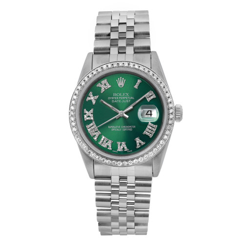 An image of a pre-owned men's Rolex Datejust 36mm Jubilee Steel Green Custom Dial Bezel Mens Watch 16220 displayed from a front-facing angle. The watch features a green dial with luminous hands and a date indicator. It has Roman numeral hour markers, and the bezel is adorned with diamonds. The stainless steel bracelet is visible, extending vertically from the watch face. The image is taken at a close distance, showcasing the intricate details of the watch.
