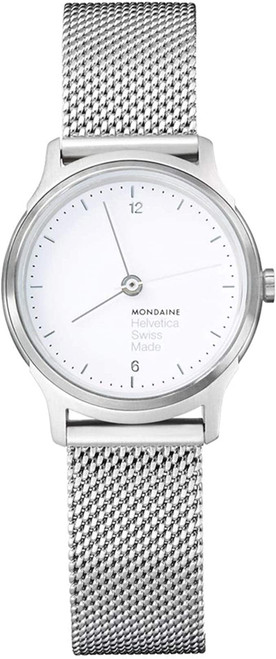 An image of a Wristwatch by Mondaine. This Display Model item is designed for Women, featuring a Classic,Dress/Formal style. It has a Quartz movement and an Analog display with a White dial color. The indices include 12-Hour Dial,Arabic Numerals,Stick Indexes. The band is made of Stainless Steel and the case is made of Stainless Steel. The watch has a Round shape with a case size of 26 mm and a case thickness of 6.5 mm.