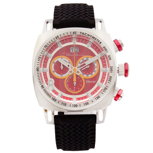 An image of a Wristwatch by Ritmo Mundo. This Display Model item is designed for Men, featuring a Sport style. It has a Quartz movement and an Analog display with a Red dial color. The indices include Multi Dial,Sticks & Numerals. The band is made of Rubber and the case is made of Stainless Steel. The watch has a Cushion shape with a case size of 44 mm and a case thickness of 14 mm.