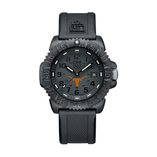 An image of a Wristwatch by Luminox. This Display Model item is designed for Men, featuring a Diver,Military style. It has a Quartz movement and an Analog display with a Black dial color. The indices include 12-Hour Dial,Arabic Numerals. The band is made of Rubber and the case is made of Carbon. The watch has a Round shape with a case size of 44 mm and a case thickness of 14 mm.