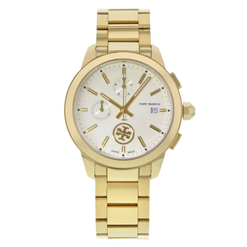 An image of a Wristwatch by Tory Burch. This Display Model item is designed for Women, featuring a Classic,Dress/Formal style. It has a Quartz movement and an Analog display with a Cream dial color. The indices include Multi Dial,Non-Numeric Hour Marks,Sticks. The band is made of Stainless Steel and the case is made of Stainless Steel. The watch has a Round shape with a case size of 38 mm and a case thickness of 11 mm.