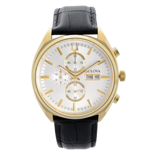 An image of a new Bulova men's wristwatch with slight defects, presented in a full frontal view. The watch has a round stainless steel case with a yellow gold-tone bezel. It features a silver dial with stick indexes, three smaller chronograph subdials, and a day/date display at the 3 o'clock position. Luminous hands are also visible. The black leather band is attached at the top and bottom of the watch case, with the watch positioned at a straight angle and centered within the frame. The image is taken from a close distance to show detailed features and the excellent condition of the watch.