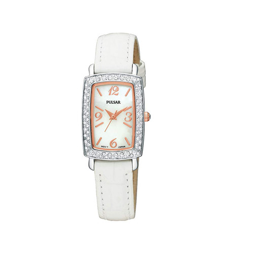 An image of a Wristwatch by Pulsar. This Pre Owned item is designed for Women, featuring a Casual,Dress/Formal style. It has a Quartz movement and an Analog display with a White dial color. The indices include 12-Hour Dial,Arabic Numerals,Stick Indexes. The band is made of Leather and the case is made of Stainless Steel. The watch has a Round shape with a case size of 20 mm and a case thickness of 6 mm.
