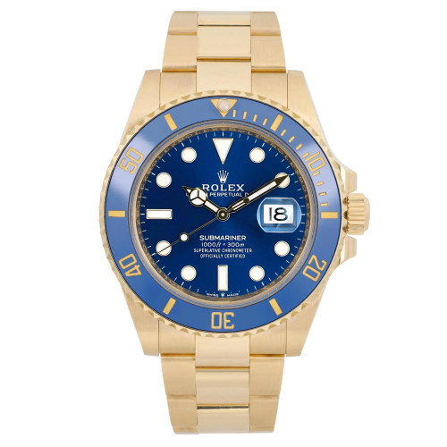 An image of a pre-owned like new men's Rolex Submariner 18k Yellow Gold Blue Dial Automatic Men Watch 126618LB, featuring a yellow gold band and a blue face with a date indicator and luminous hands. The watch is positioned upright, facing the viewer directly, capturing a clear and detailed frontal view. 2021 card. Comes with an original box and paper.