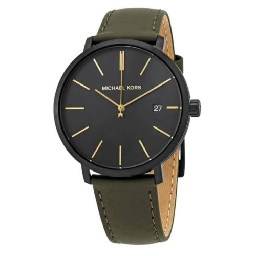 An image of a Wristwatch by Michael Kors. This Display Model item is designed for Men, featuring a Casual style. It has a Quartz movement and an Analog display with a Black dial color. The indices include 12-Hour Dial,Non-Numeric Hour Marks,Stick Indexes. The band is made of Leather and the case is made of Stainless Steel. The watch has a Round shape with a case size of 42 mm and a case thickness of 8 mm.