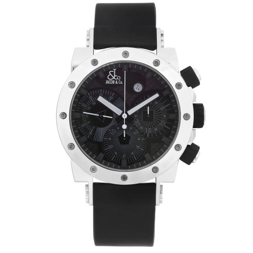 An image of a Wristwatch by JACOB & Co.. This Display Model item is designed for Men, featuring a Luxury style. It has a Mechanical (Automatic) movement and an Analog display with a Black dial color. The indices include 12-Hour Dial,Seconds Hand,Stick Indexes. The band is made of Rubber and the case is made of Stainless Steel. The watch has a Round shape with a case size of 47 mm and a case thickness of 17 mm.