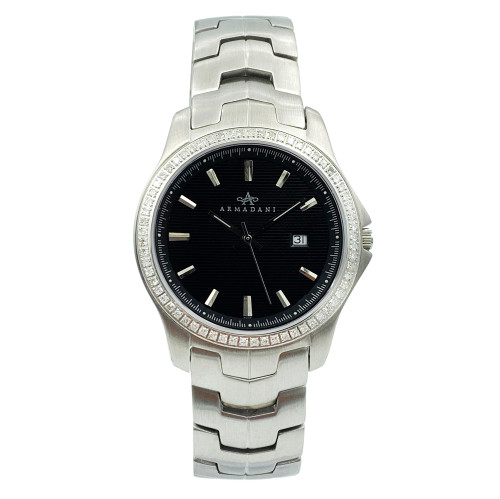 An image of a Wristwatch by Armadani. This Unworn item is designed for Men, featuring a Dress/Formal style. It has a Quartz movement and an Analog display with a Black dial color. The indices include 12-Hour Dial,Stick Indexes. The band is made of Stainless Steel and the case is made of Stainless Steel. The watch has a Round shape with a case size of 40 mm and a case thickness of 8 mm.