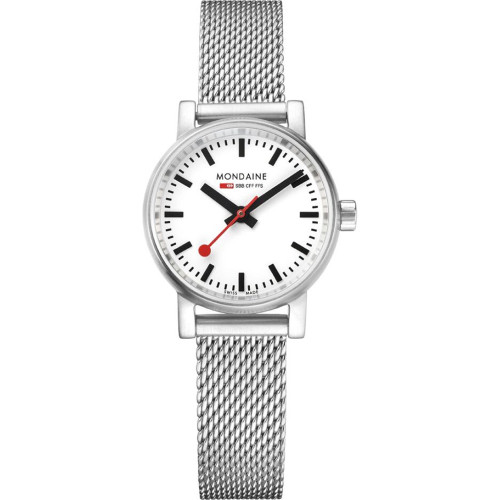 An image of a Wristwatch by Mondaine. This Display Model item is designed for Women, featuring a Casual style. It has a Quartz movement and an Analog display with a White dial color. The indices include 12-Hour Dial,Non-Numeric Hour Marks,Stick Indexes. The band is made of Stainless Steel and the case is made of Stainless Steel. The watch has a Round shape with a case size of 26 mm and a case thickness of 9 mm.