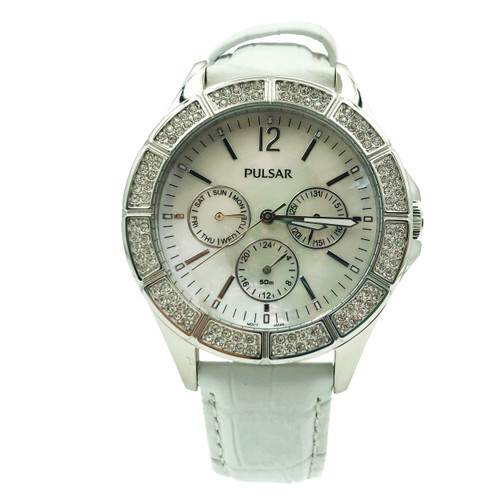 An image of a Wristwatch by Pulsar. This Pre Owned item is designed for Women, featuring a Dress/Formal style. It has a Japanese Quartz movement and an Analog display with a Mother Of Pearl dial color. The indices include Non-Numeric Hour Marks,Sticks. The band is made of Leather and the case is made of Stainless Steel. The watch has a Round shape with a case size of 38 mm and a case thickness of 9 mm.