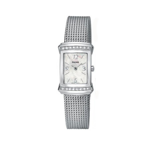 An image of a Wristwatch by Pulsar. This Display Model item is designed for Women, featuring a Casual style. It has a Japanese Quartz movement and an Analog display with a Mother Of Pearl dial color. The indices include Arabic Numerals, Sticks. The band is made of Stainless Steel and the case is made of Stainless Steel. The watch has a Rectangle shape with a case size of 17 mm and a case thickness of 7 mm.