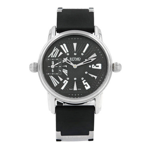 An image of a Wristwatch by Ritmo Mundo. This Pre Owned item is designed for Men, featuring a Casual style. It has a Quartz movement and an Analog display with a Black dial color. The indices include 12-Hour Dial,Arabic Numerals,Multi Dial,Stick Indexes. The band is made of Rubber and the case is made of Stainless Steel. The watch has a Round shape with a case size of 42 mm and a case thickness of 9 mm.