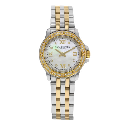 An image of a Wristwatch by RAYMOND WEIL. This Pre Owned item is designed for Women, featuring a Dress/Formal style. It has a Quartz movement and an Analog display with a White dial color. The indices include Diamonds, Roman Numerals. The band is made of Stainless Steel and the case is made of Stainless Steel. The watch has a Round shape with a case size of 23 mm and a case thickness of 6 mm.