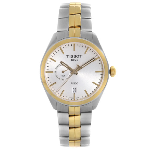 An image of a Wristwatch by Tissot. This Display Model item is designed for Men, featuring a Dress/Formal style. It has a Quartz movement and an Analog display with a Silver dial color. The indices include 12-Hour Dial,Non-Numeric Hour Marks,Stick Indexes. The band is made of Stainless Steel and the case is made of Stainless Steel. The watch has a Round shape with a case size of 40 mm and a case thickness of 10 mm.