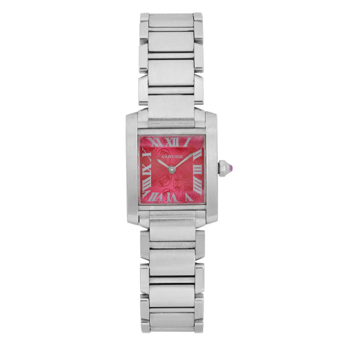 An image of a pre-owned women's Cartier Tank Francaise Steel Raspberry Dial Quartz Ladies Watch W51030Q3, positioned vertically and centered. The watch features a stainless steel bracelet and a square casing. The dial is pink with Roman numerals and a small crown on the right side. The angle is direct and front-facing, taken from a medium distance.