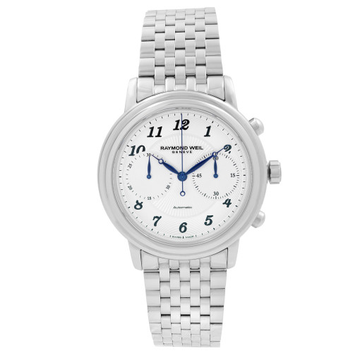 An image of a Wristwatch by RAYMOND WEIL. This New item is designed for Men, featuring a Dress/Formal style. It has a Mechanical (Automatic) movement and an Analog display with a Silver dial color. The indices include 12-Hour Dial,Arabic Numerals,Multi Dial. The band is made of Stainless Steel and the case is made of Stainless Steel. The watch has a Round shape with a case size of 41.5 mm and a case thickness of 13 mm.