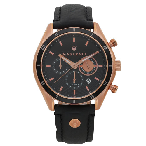 An image of a Wristwatch by Maserati. This Display Model item is designed for Men, featuring a Dress/Formal style. It has a Quartz movement and an Analog display with a Black dial color. The indices include 12-Hour Dial,Baton Indexes. The band is made of Leather and the case is made of Stainless Steel. The watch has a Round shape with a case size of 45 mm and a case thickness of 12 mm.