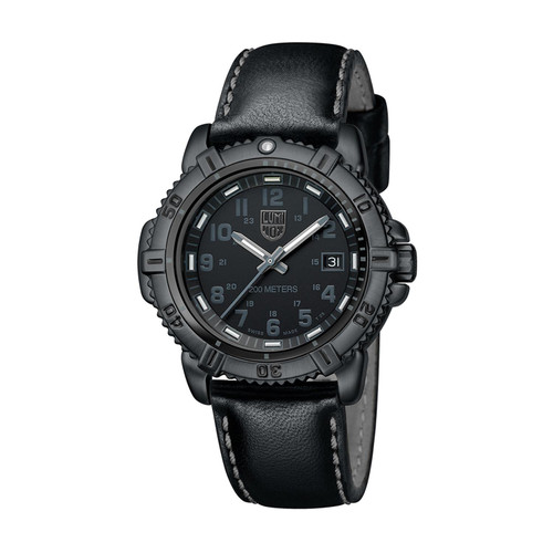 An image of a Wristwatch by Luminox. This Pre Owned item is designed for Unisex Adult, featuring a Casual,Diver style. It has a Quartz movement and an Analog display with a Black dial color. The indices include 12-Hour Dial,Arabic Numerals. The band is made of Leather and the case is made of Stainless Steel. The watch has a Round shape with a case size of 38 mm and a case thickness of 11 mm.