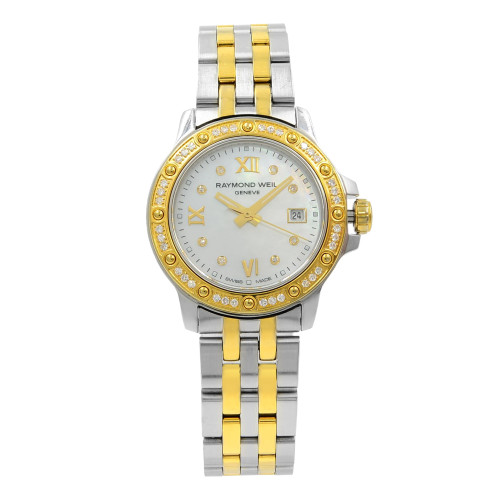An image of a Wristwatch by RAYMOND WEIL. This Pre Owned item is designed for Women, featuring a Dress/Formal style. It has a Quartz movement and an Analog display with a Multicolor dial color. The indices include 12-Hour Dial,Diamond Markers,Roman Numerals. The band is made of Stainless Steel and the case is made of Stainless Steel. The watch has a Round shape with a case size of 28 mm and a case thickness of 7 mm.