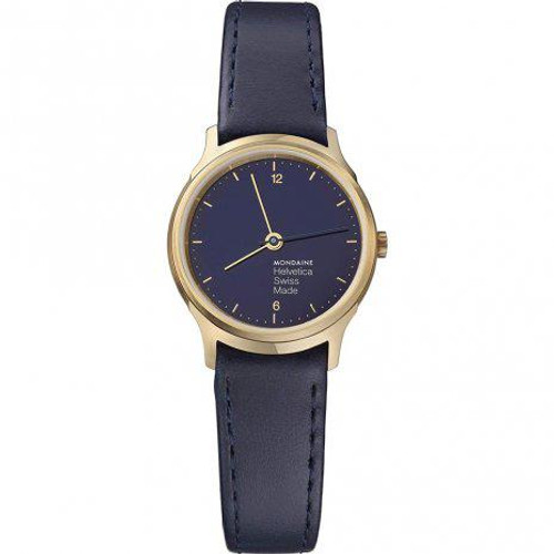 An image of a Wristwatch by Mondaine. This Display Model item is designed for Women, featuring a Casual,Classic,Dress/Formal style. It has a Quartz movement and an Analog display with a Blue dial color. The indices include 12-Hour Dial,Arabic Numerals,Stick Indexes. The band is made of Leather and the case is made of Stainless Steel. The watch has a Round shape with a case size of 26 mm and a case thickness of 6 mm.