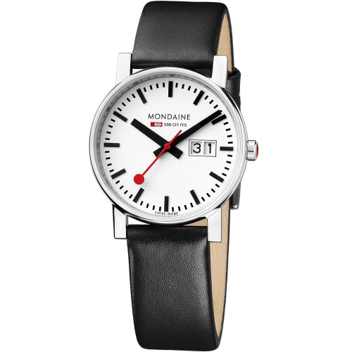 An image of a Wristwatch by Mondaine. This Display Model item is designed for Women, featuring a Classic,Dress/Formal style. It has a Quartz movement and an Analog display with a White dial color. The indices include 12-Hour Dial,Non-Numeric Hour Marks,Stick Indexes. The band is made of Leather and the case is made of Stainless Steel. The watch has a Round shape with a case size of 30 mm and a case thickness of 9 mm.