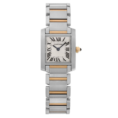 An image of a pre-owned Cartier Tank Francaise 18K Yellow Gold Steel Quartz Ladies Watch W51007Q4 captured from a straight-on angle at a close distance. The watch features a rectangular face with Roman numeral hour markers and a two-tone metal bracelet, combining steel and yellow gold elements.