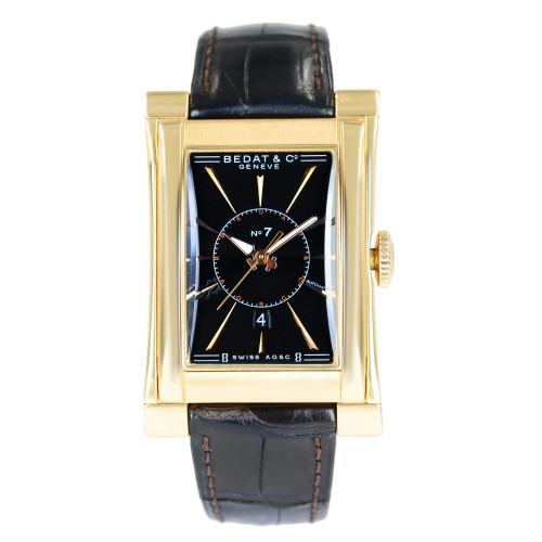 An image of a pre-owned Bedat & Co men's wristwatch in a dress/formal, luxury style. The photograph is taken from a front full frontal view, displaying the watch head-on. The watch features a rectangle case made of 18k yellow gold, with a gold bezel that encircles a black dial. On the dial, stick indexes mark the 12-hour clock positions, and the hands are positioned to indicate the time. the watch has a date window at the 6 o'clock position and showcases a black leather band visible in the image. The watch is centered in the frame, shown at a close distance to capture detail.