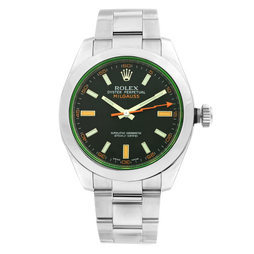 An image of a pre-owned men's Rolex Milgauss Steel Black Dial Green Crystal Automatic Mens Watch 116400GV, positioned upright and viewed from the front at a close distance. The watch features a stainless steel band and a black dial with luminous hands. The Rolex logo is visible near the top, and the second hand is distinctively orange. The watch face is encircled by a green-tinted ring.2010 card. V-serial. Comes with the original box and papers.