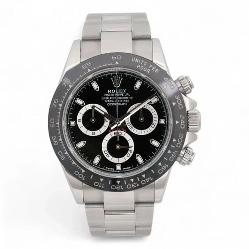 An image of a pre-owned men's Rolex Cosmograph Daytona Ceramic Steel Black Dial Automatic Watch 116500LN positioned front and center. The watch is angled slightly to the right, showcasing its chronograph features, luminous hands, and small seconds subdial. The focus is close-up, highlighting the intricate details of the watch's face and stainless steel bracelet.