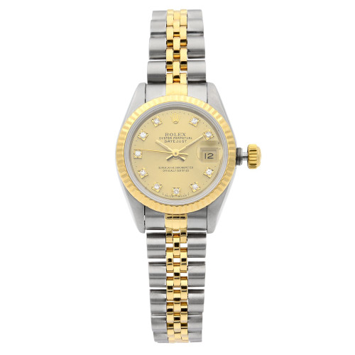 An image of a pre-owned women's Rolex Datejust 26mm Gold Steel Diamond Champagne Dial Ladies Watch 69173, viewed from the front at a straight-on angle. The watch features a two-tone design with a stainless steel and gold bracelet. The dial is gold with diamond hour markers and includes a date indicator at the 3 o'clock position. The image captures the watch in close-up detail, highlighting its elegant design and craftsmanship.